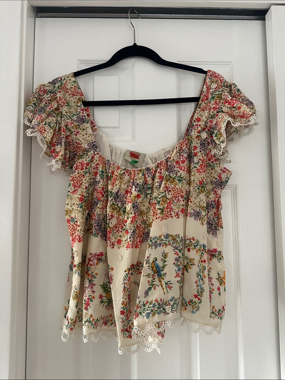 FARM Rio Cream Floral Off-Shoulder Ruffle Blouse
